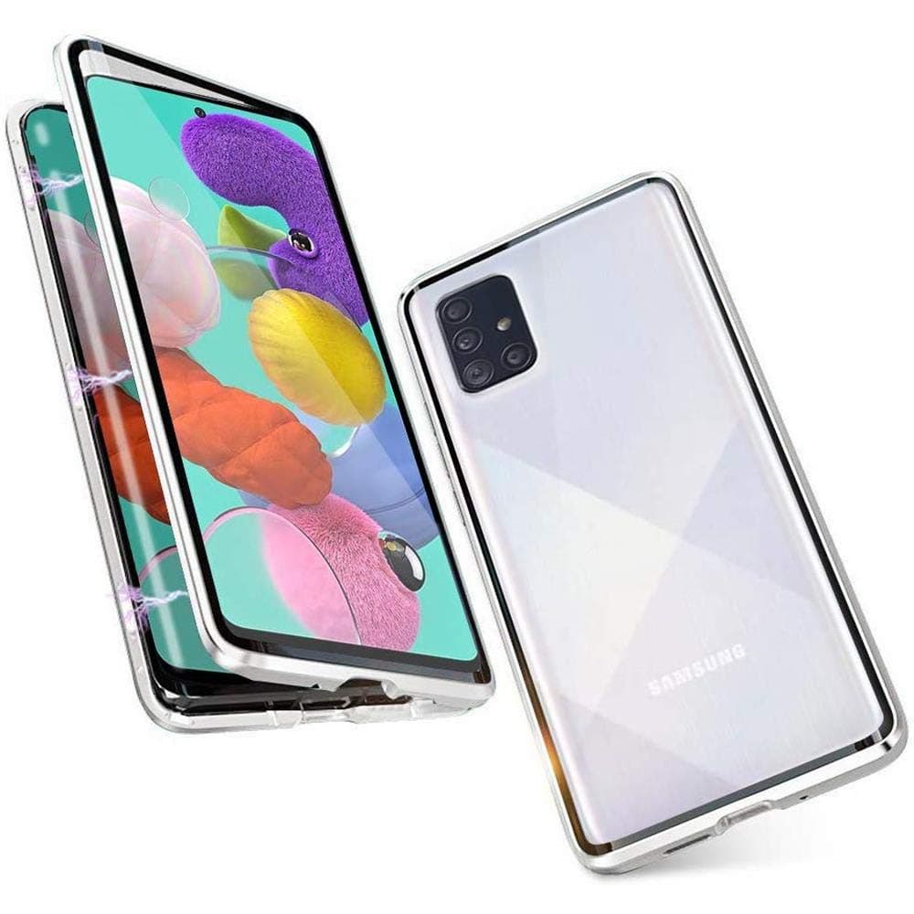 Magnetic Case for Samsung Galaxy A51, Magnet Adsorption with Front and Back Double-Sided Built-in Tempered Glass, One-Piece Full Screen Coverage Design 360 Degree Full Body Metal Frame Cover - Silver