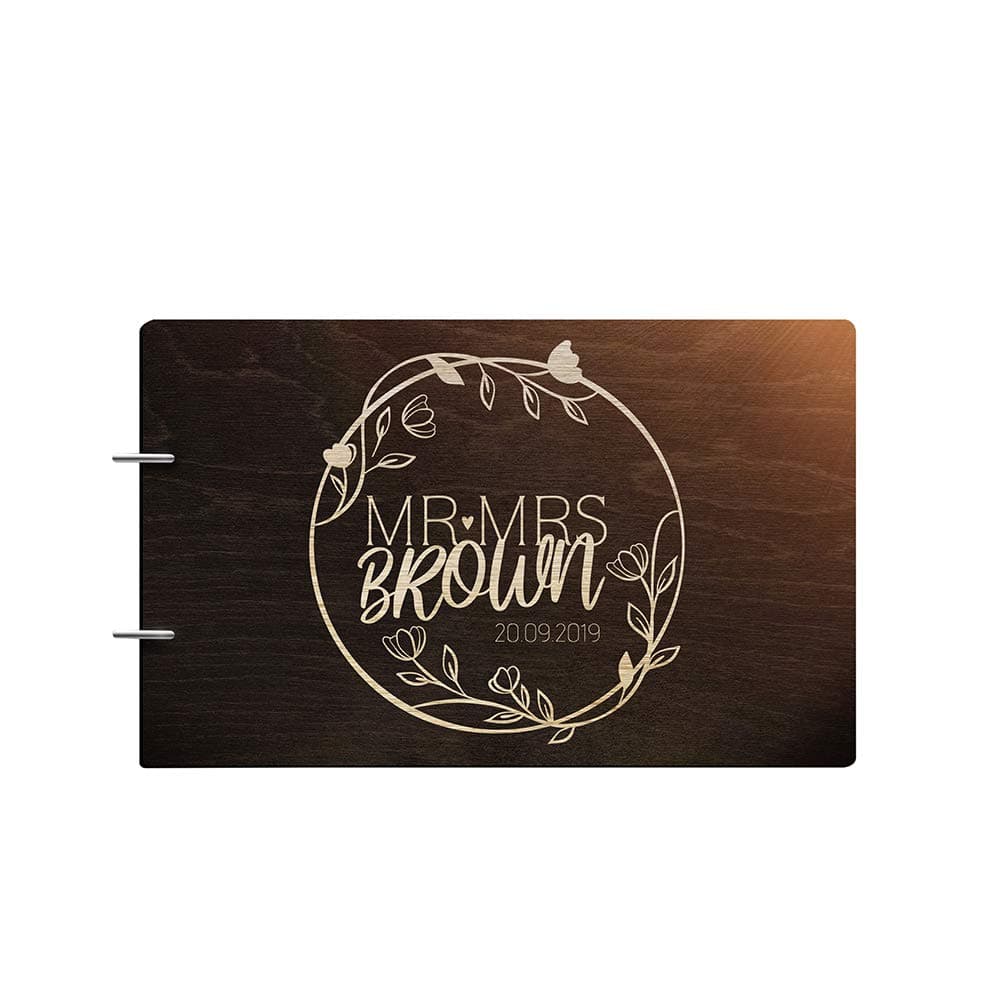 Personalized Handmade Mr Mrs Wedding Guest Book for Bride and Groom Wood Alternative Custom Engraved Newlywed Marriage Album (Chocolate Walnut)