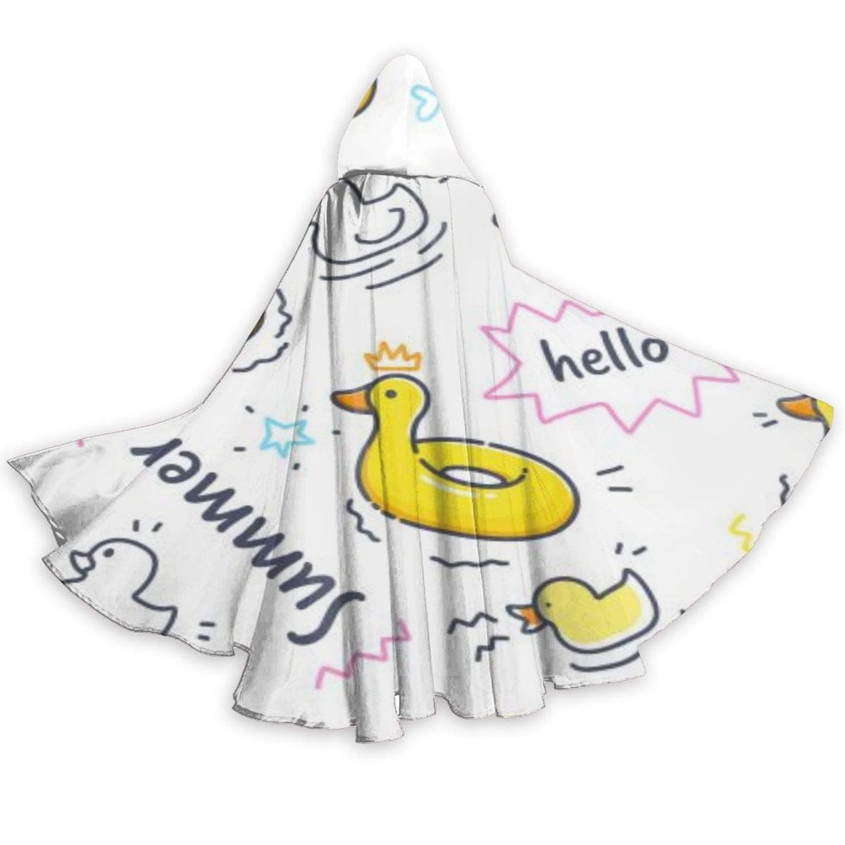 Duck Rubber Ring Pattern Halloween Cloak Fancy Hooded Cape with Drawstring Adult Cool Witch Robe Extra Long Party Cape