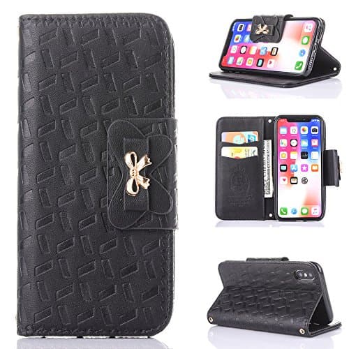 iPhone X Wallet Case, Wastou Protective Leather Flip Cover Card Holder Wallet Case with Money Slot Magnetic Closure for Apple iPhone X (Black)