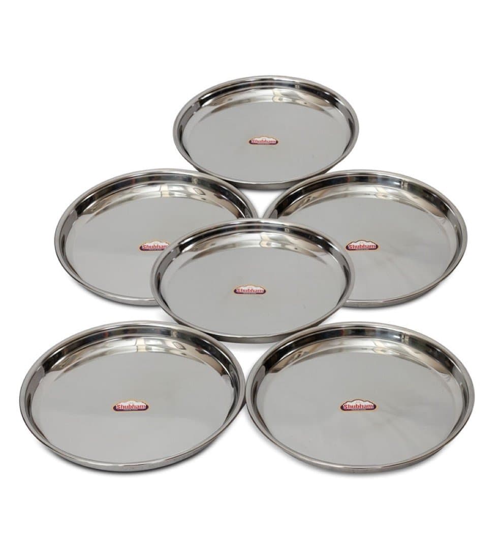 Shubham Steel Dinner Plates / Thali - 6 Pcs Set - 11.5 Inches