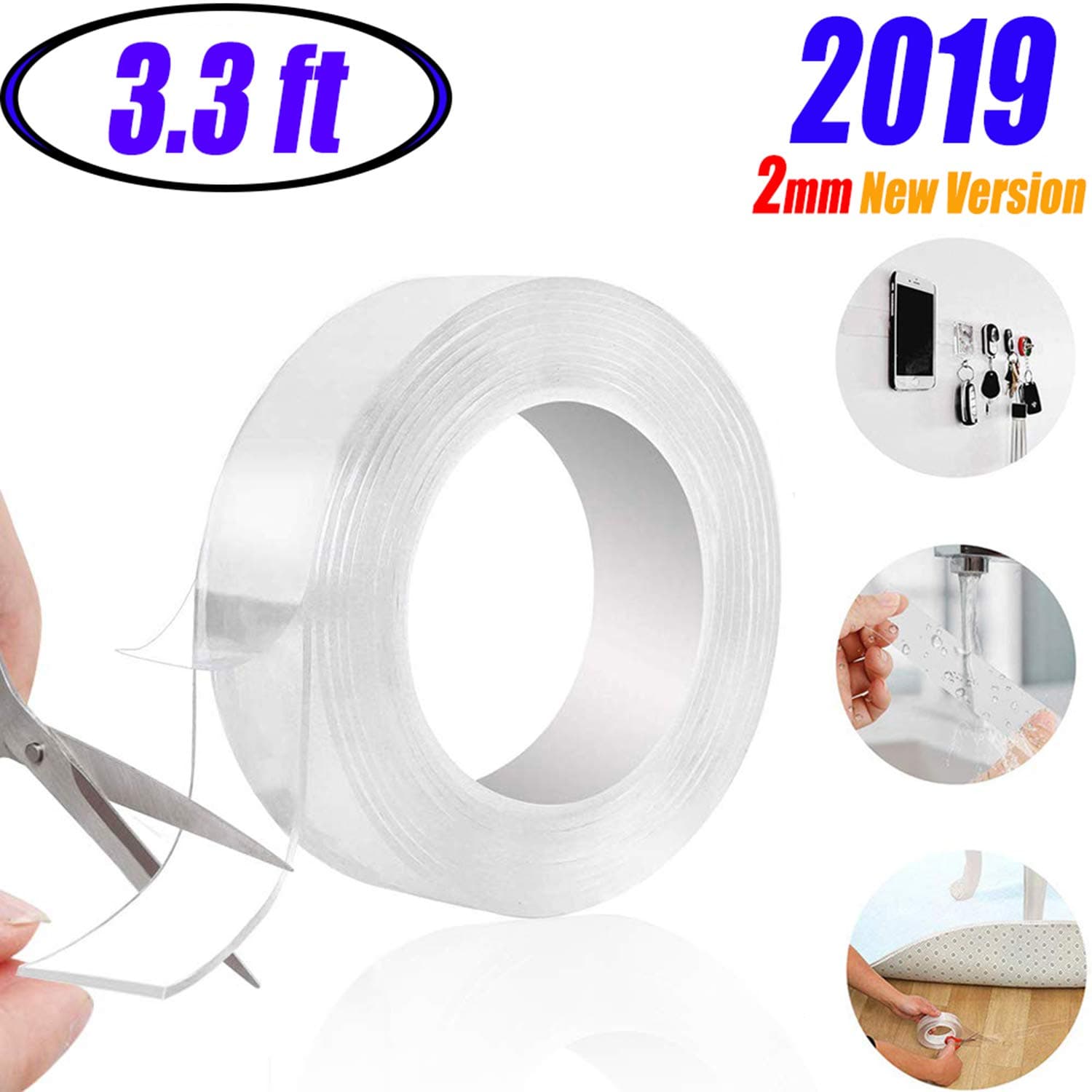 Nano Grip Tape Reusable Removable Washable, 3.3 Feet Double Sided Sticky Strips Seamless Traceless Tape Adhesive Kitchen Holder