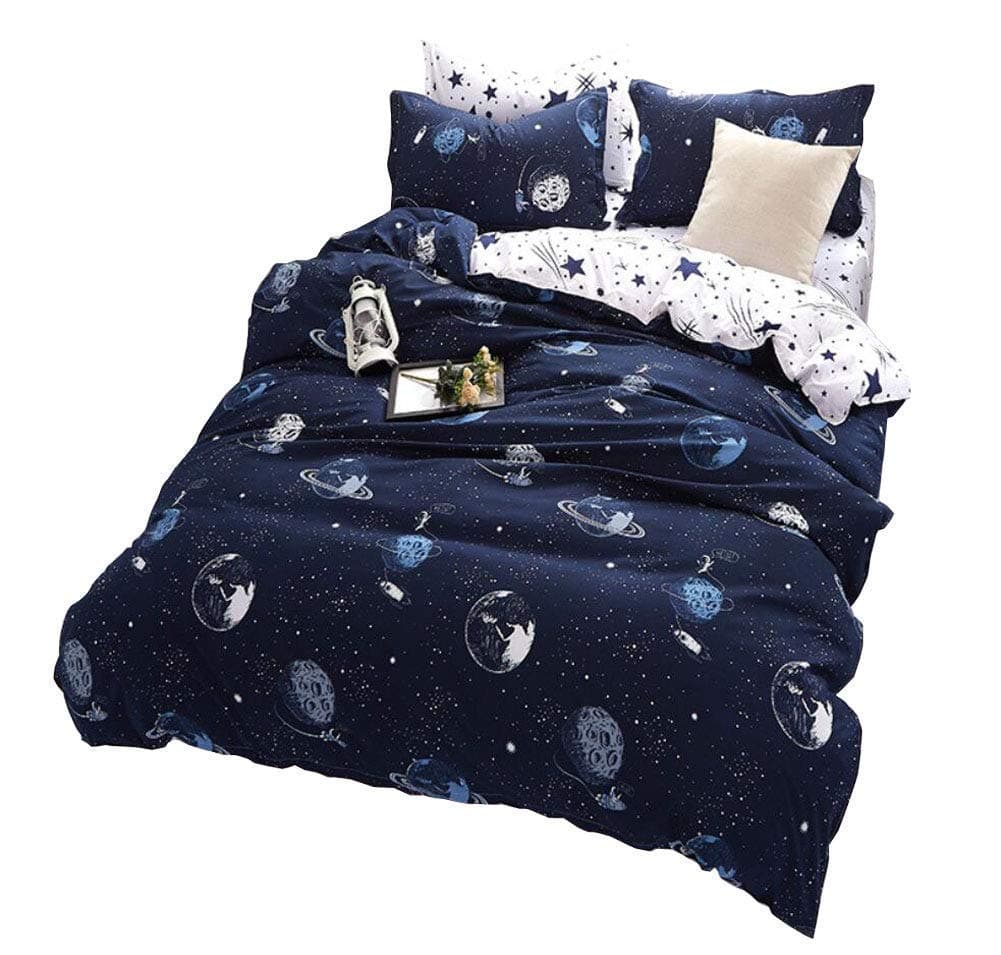 Andrui Bedding Set Star Planet Galaxy Space Universe Print Boys Duvet/Quilt Cover and Pillowcases Navy Blue Planet Spaceship Double Size Bedding Sets Zipper Closure Easy Care