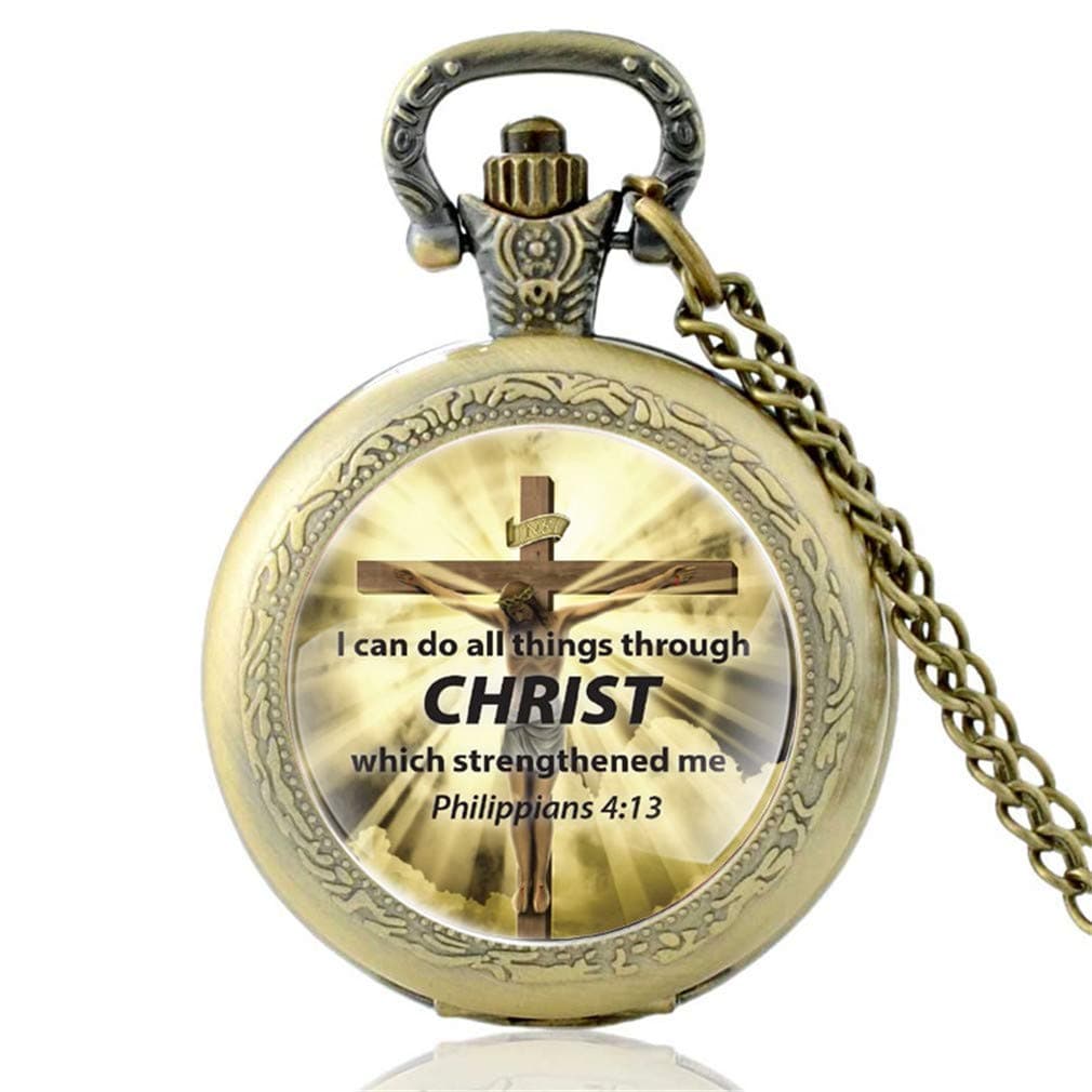I Can Do All Things Through Christ Bible Verses Cross Quartz Pocket Watch Vintage Men Christian Faith Pendant Necklace Watches Bronze