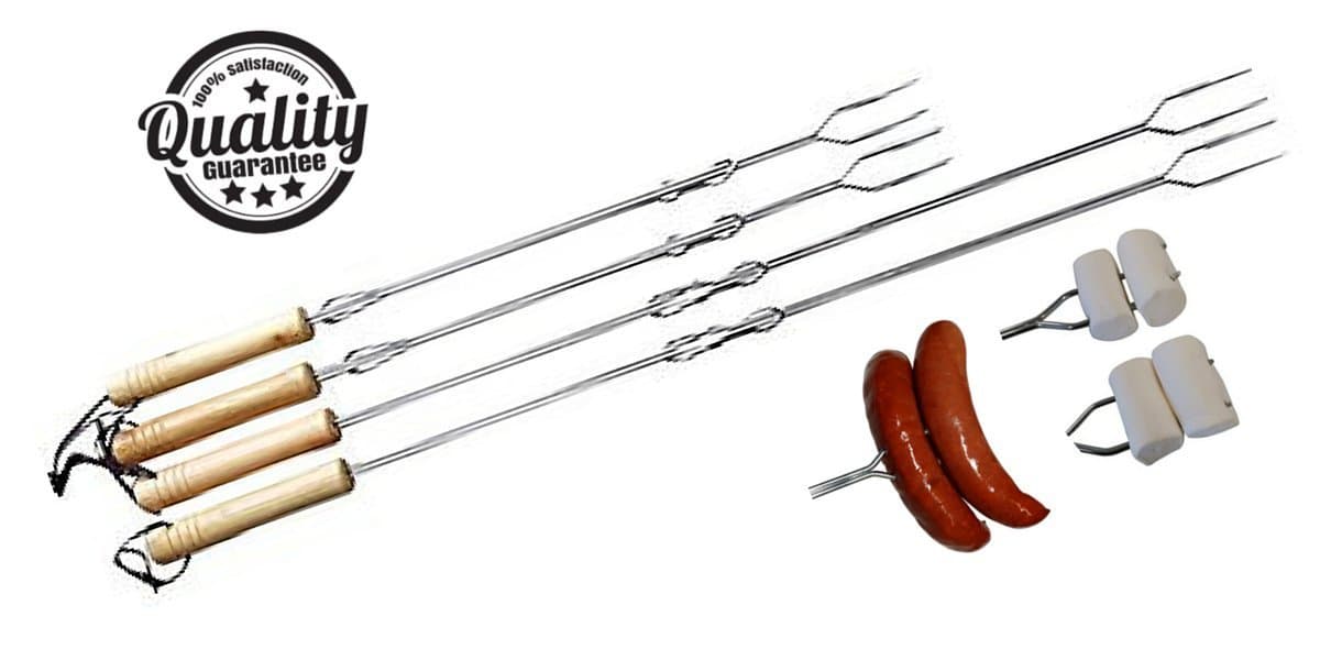 Best Marshmallow Roasting Sticks Camping and Hot Dog Forks - Extendable - Set of 4 - Quality Chrome Plated - Includes Carry Bag
