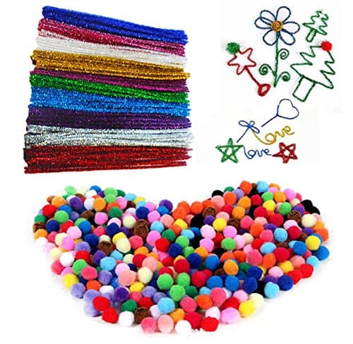Fireboomoon 500PCS Craft Making Assorted Pom Poms 0.6" And 100Pcs/10 Colors Creative Metallic Pipe Cleaner Chenille Stem 12" x 6mm Inch,Glitter Sparkle Pipe Cleaner for Arts and Crafts.