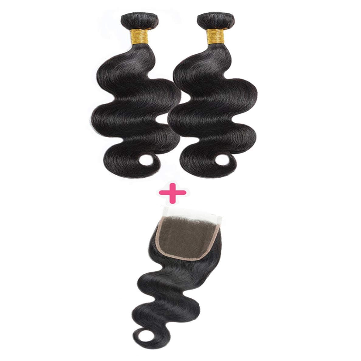 DMS Body Wave 2 Bundles With 4x4 Free Part Closure Brazilian Virgin Hair 100% Unprocessed Human Hair Bundles Lace Closure Natural Black (12” 14”+10” Closure, Natural)