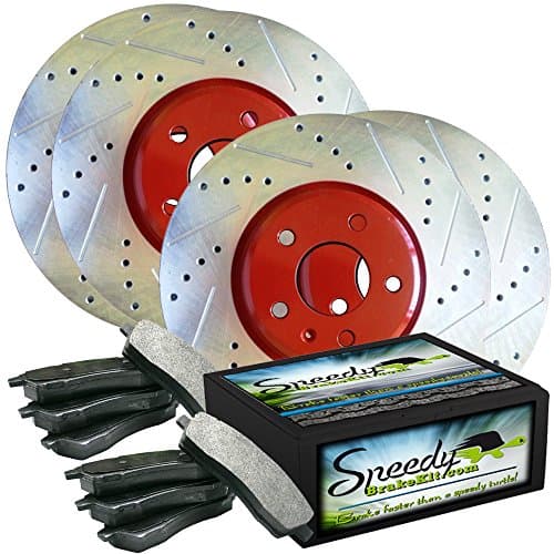 Speedy Brake Kit Drilled and Slotted Disc Brake Kit - Front and Rear Rotors with Pads SB3967X4KRED - Red