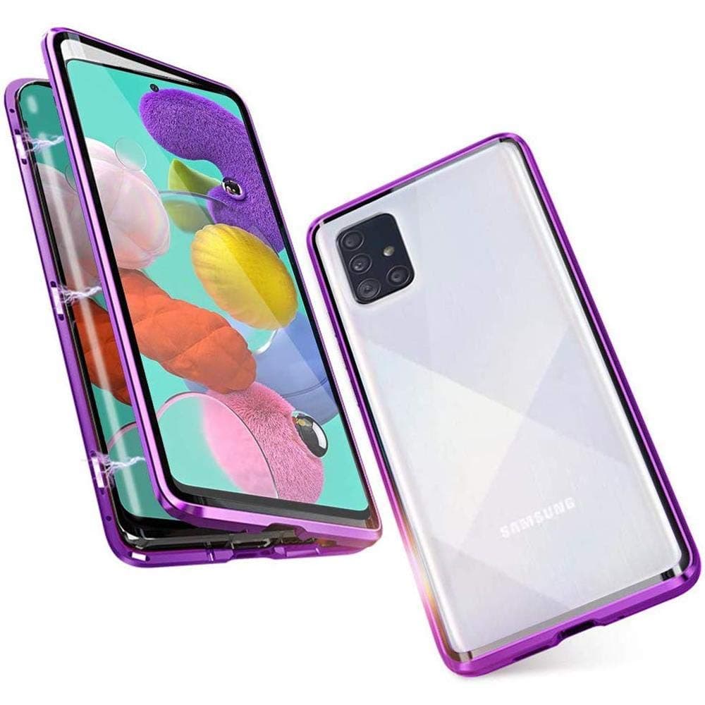 Magnetic Case for Samsung Galaxy A51, Magnet Adsorption with Front and Back Double-Sided Built-in Tempered Glass, One-Piece Full Screen Coverage Design 360 Degree Full Body Metal Frame Cover - purple