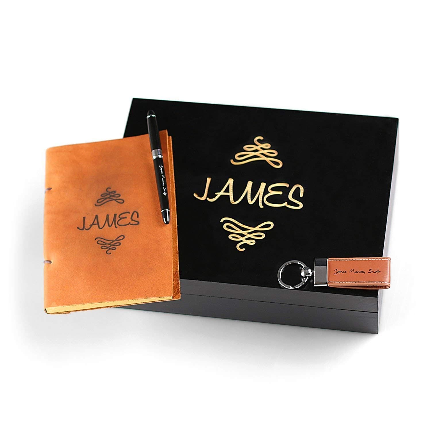 Leather Bespoke Mens Gift Set in Presentation Box - Journal, Key Chain, and Personalised Pen - Best Gift for Him - Use Your Own Logo or Create a New Design With Our Help