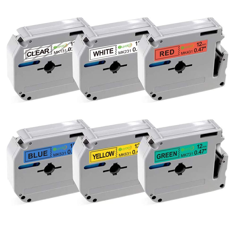 Compatible M Tape Replacement for Brother P Touch M-K231 M-K131 M-K431 M-K531 M-K631 M-K731 12mm Label Tape for Brother PT45 PTM95 PT65 PT70 PT90, 6-Pack, White/Clear/Red/Blue/Yellow/Green