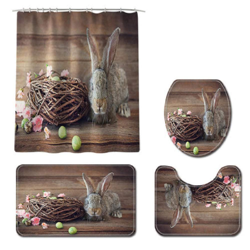 xialeine Shower Curtain Easter Rabbit Egg Prints Bathroom Curtains Sets 3D Polyester Waterproof Shower Curtain Toilet Cover Mat Non-Slip Bath Rug Set-4PCS