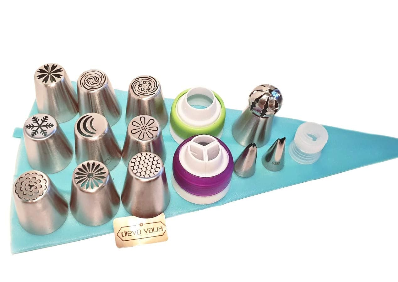 Russian Piping Tips 26pc Set 10 Large Flower Tips/nozzles inc.1 Ball tip + Silicone Pastry/Icing/Fondant Bag + 10 Free Disposable Bags & 3 couplers for Cupcake/Cake Decorating, Two Leaf Tips