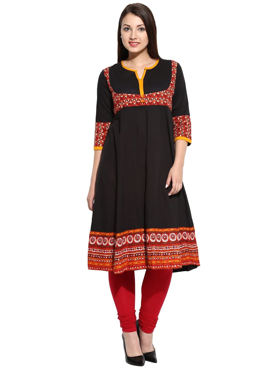 Evam Black Placement Print Cotton-Cambric Long Kurta