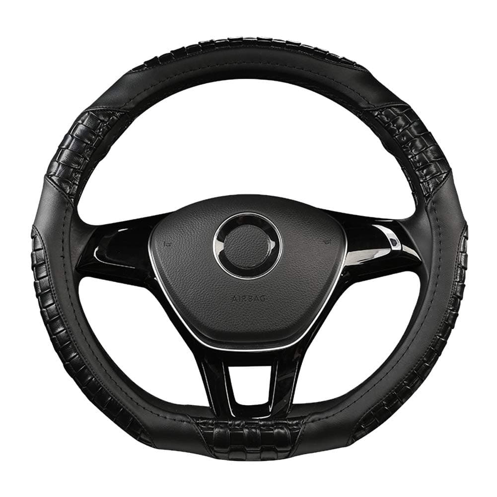 D Shaped Steering Wheel Cover, Leather Breathable Flat Bottom Shaped Steering Wheel Cover for Women Men 14.5in - 15in,Black,Black