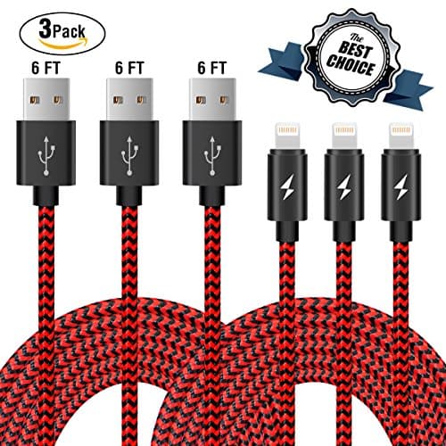 Vancelle 3 PACK Charger 6FT Nylon Braided Cord USB Charging Cable for iPhone 7/7 Plus/6/6s/6 Plus/6s Plus/5/5c/5s/SE,iPad iPod Nano iPod Touch(Red)