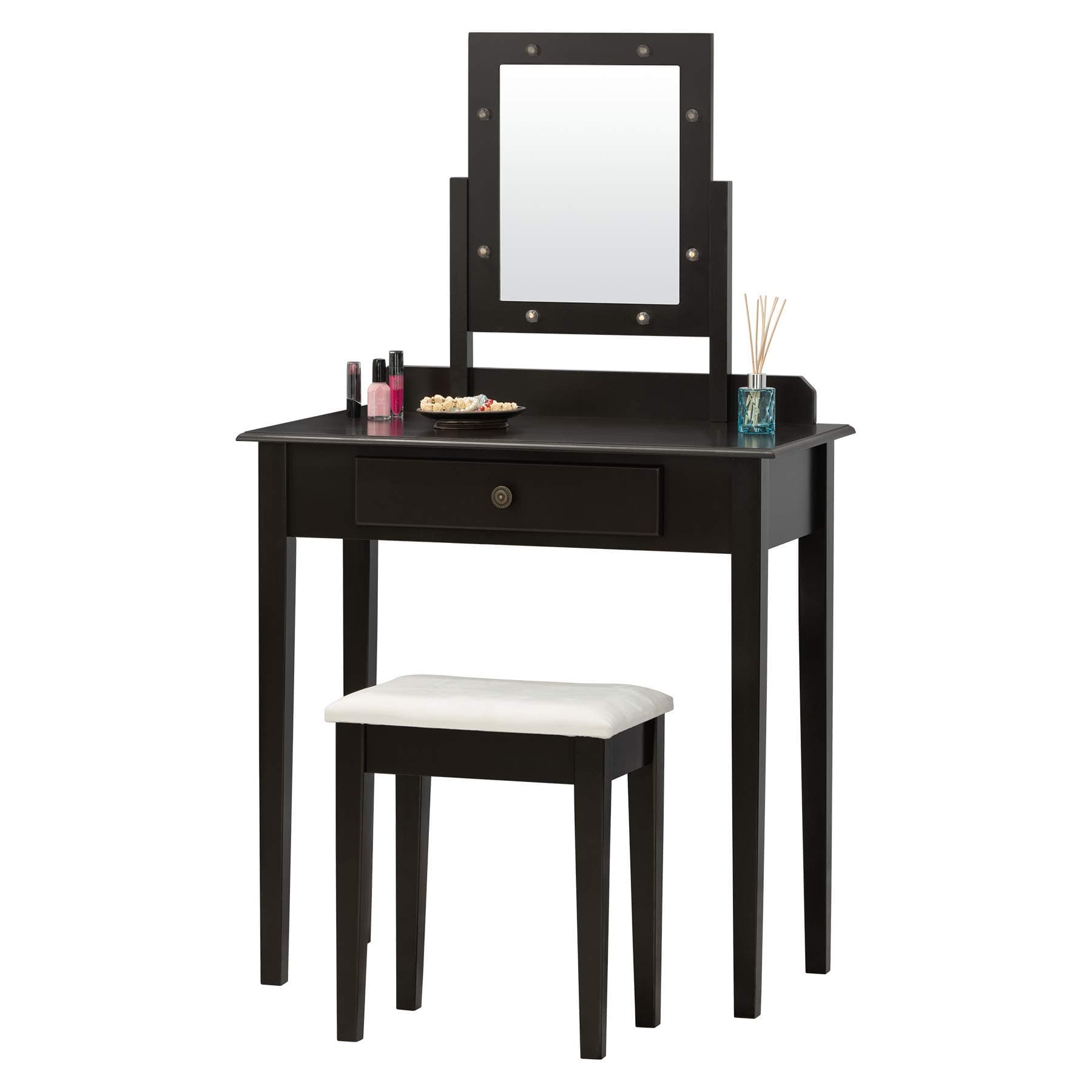 Fineboard Vanity Table Set with Stool and Mirror with Large Drawer, Brown