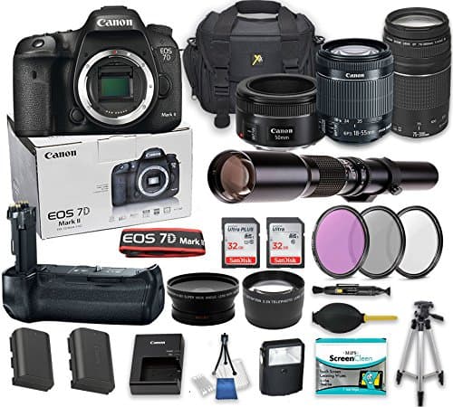 Canon EOS 7D Mark II DSLR Camera Bundle with 4 High Caliber Lenses + Battery Grip + HD Filter Set + 2x 32GB Memory Cards + 2x Auxiliary Lenses + Camera Starter Kit with Accessories