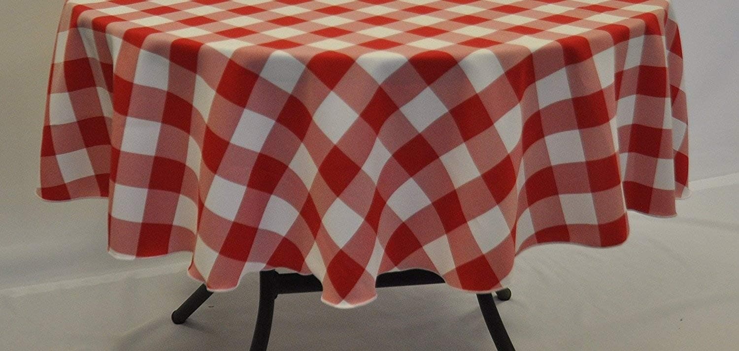 Hope Textiles Red and White Gingham Patio Tablecloth 58" Diameter Round Polyester Fabric with ring in centre to fit your umbrella/parasol.