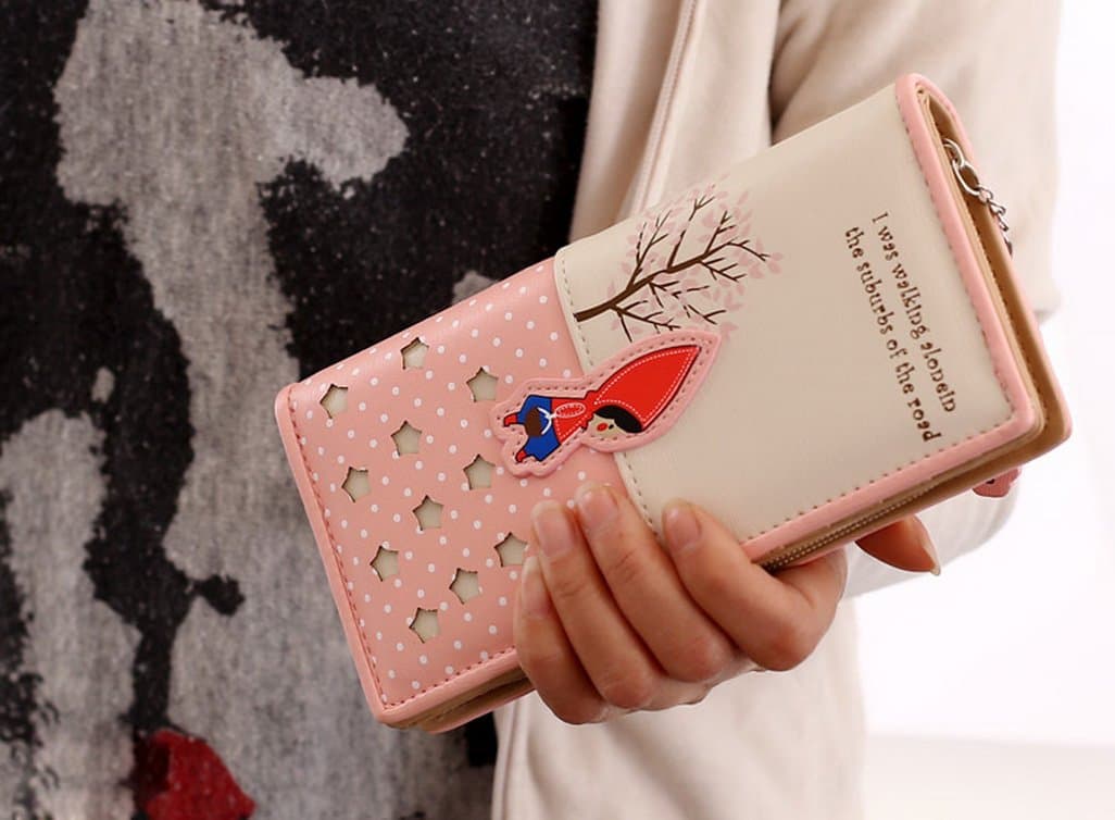 Big Capacity Long Horizontal Cute Cartoon Cat / Little Red Riding Hood Korean Style Zipper Snap Button Clutch Wallet Purse Bag Billfold Cell Phone Pouch with Approx. 11 Card Slots & 1 Bifold Zipper Pocket & a Photo Window (Little Red - Pink)