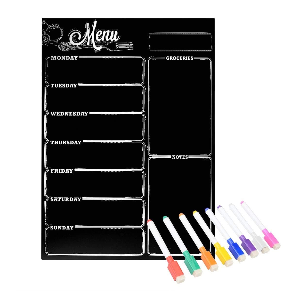 Menu Board,Loftstyle Menu Chalkboard Magnetic Dry Erase Board for Fridge, Weekly Fridge Menu Board Weekly to Do List Shopping List with 8 Color Magnetic Markers 16inchx12inch