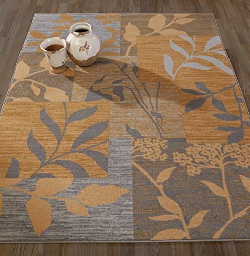 Diagona Designs Contemporary Floral Patchwork Design Non-Slip Kitchen / Bathroom / Living Room Area Rug, 5'0" W x 6'6 L, Gold / Beige / Grey
