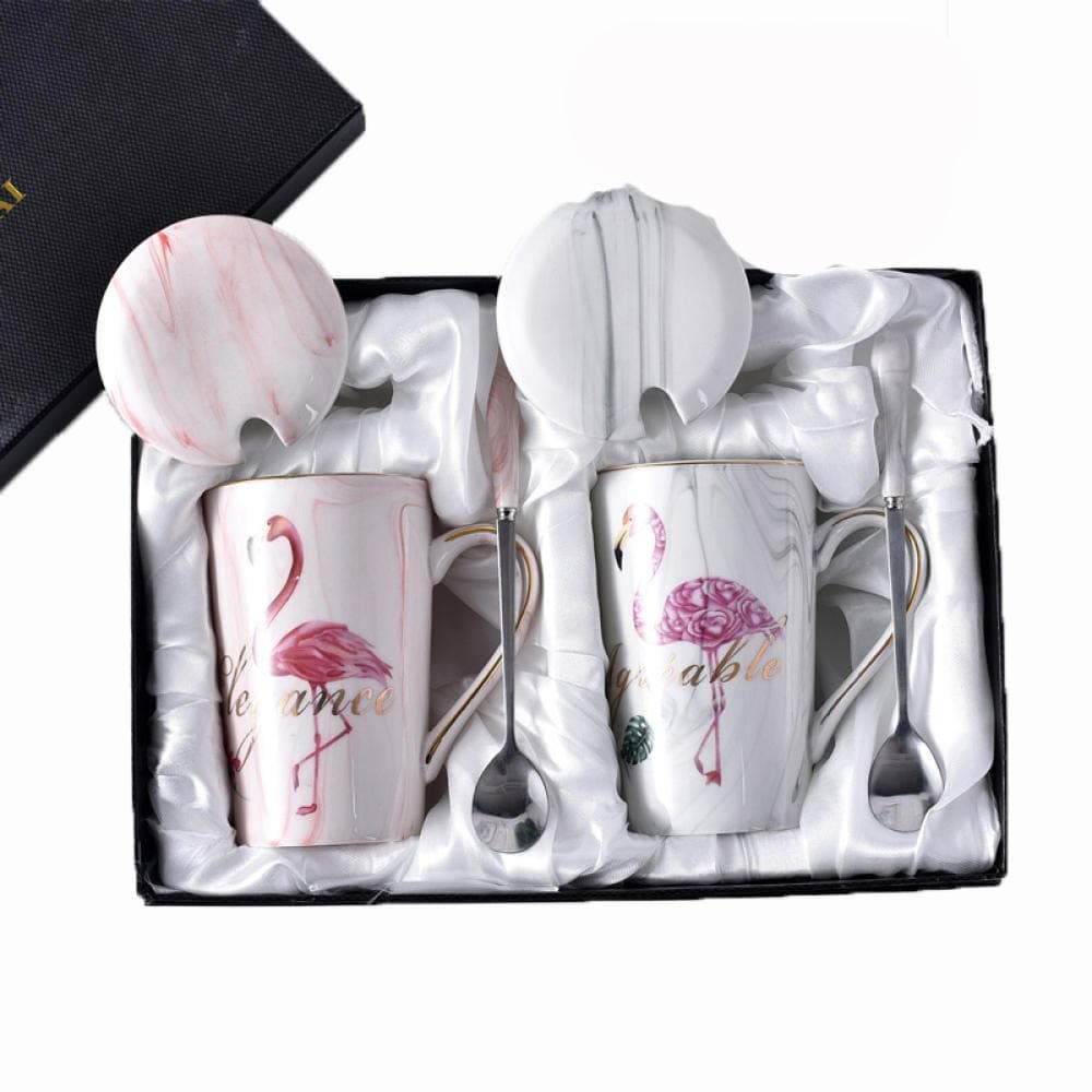 HMShun Mug Coffee Cup Ceramic with lid Spoon Cup Wedding Wedding Gift Box Set Couple Pair of Cups a Pair of Cups@Flamingo 2