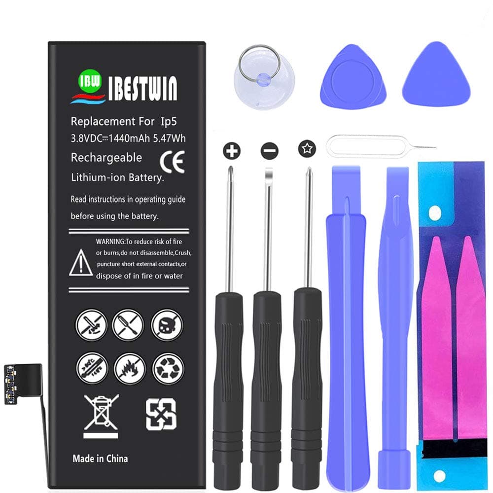 IBESTWIN Battery for iPhone 5, 3.8V 1440mAh Replacement Battery with Removal Tool Set, Battery Adhesive Strip and Instruction, 3 Year Warranty(Only for iPhone 5)