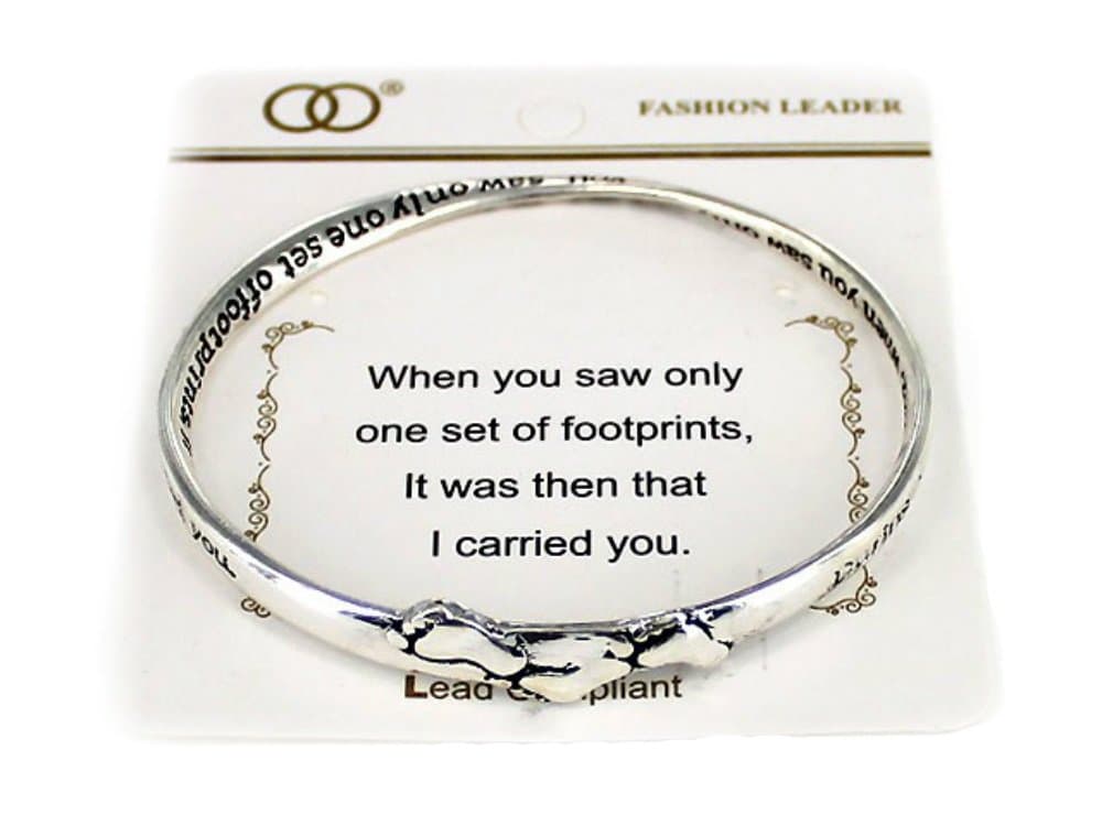Silvertone Beautiful Inspirational Footprints in the Sand Poem Twisted Bangle Charm Bracelet (with Gift Box)
