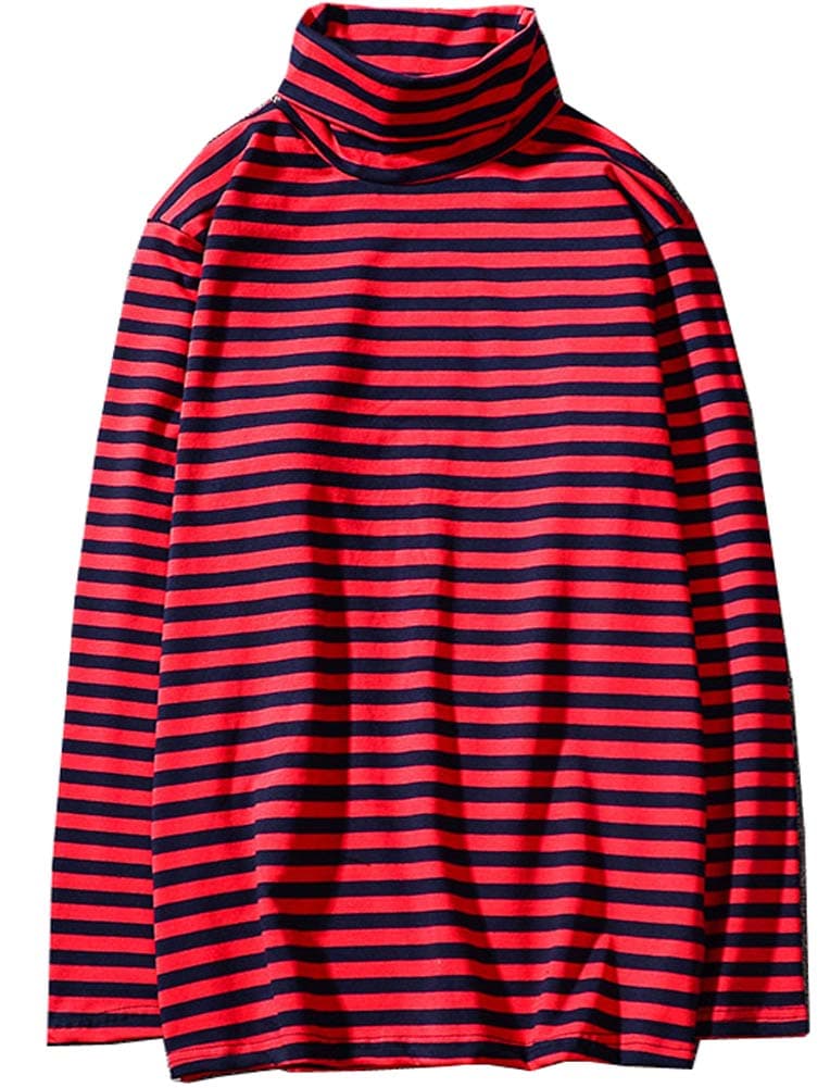 Men's Turtleneck Striped Hipster Hip Hop Pullover Long Sleeve T-Shirt Top