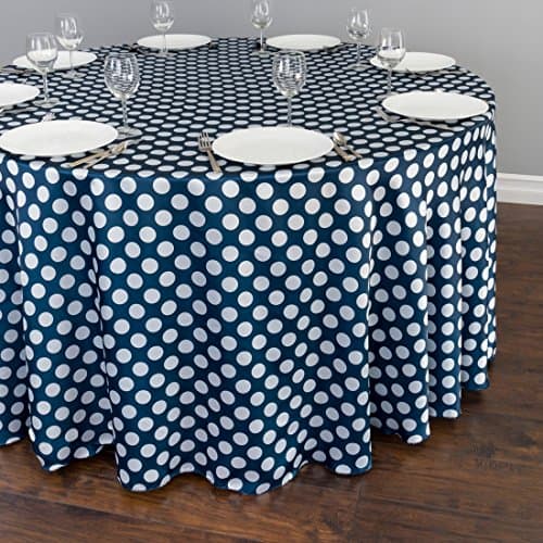 120 in. Round Polka Dot Satin Tablecloth Navy Blue / White