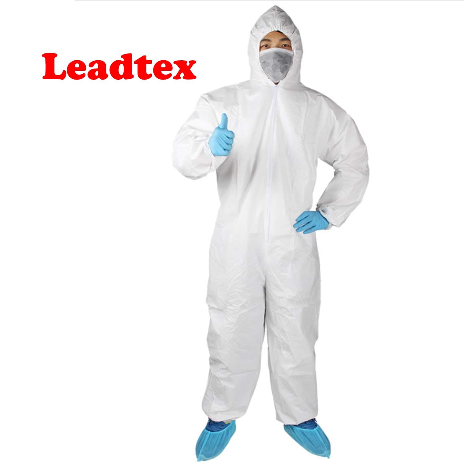 Leadtex Protective Coverall suit with Long Zipper Front for Adults,Disposable Breathable Isolation Gown with Elastic in Hood,Cuffs,Ankles and Waist,Size M, White
