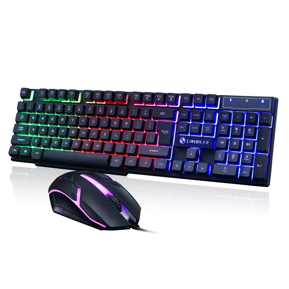 GT300 Gaming Keyboard Rainbow Keyboard + Wired Mouse Set, Colorful LED 104 Key USB Backlit Mechanical Handfeel Keyboard, Computer Plug and Play Gaming illuminated Keypad Support Windows 10/8 / XP