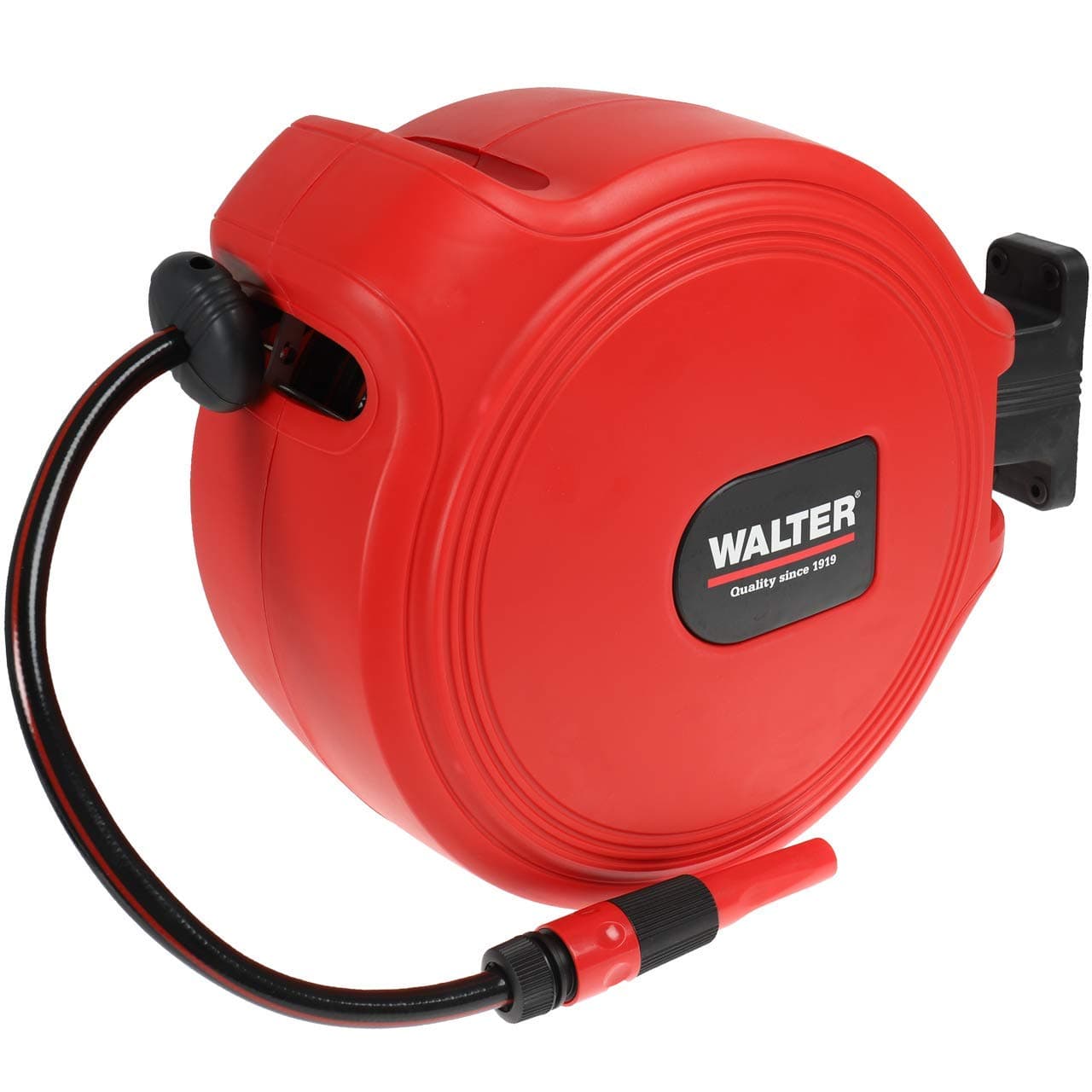 WALTER Hose Reel 20+2 m, automatic roll-up, incl. wall bracket and spray nozzle, 180 ° turning radius, garden hose reel for watering or cleaning