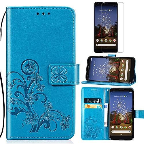 Case for Pixel 3a, Everun Premium PU Leather Flip Wallet Case Cover for Pixel 3a (Blue)