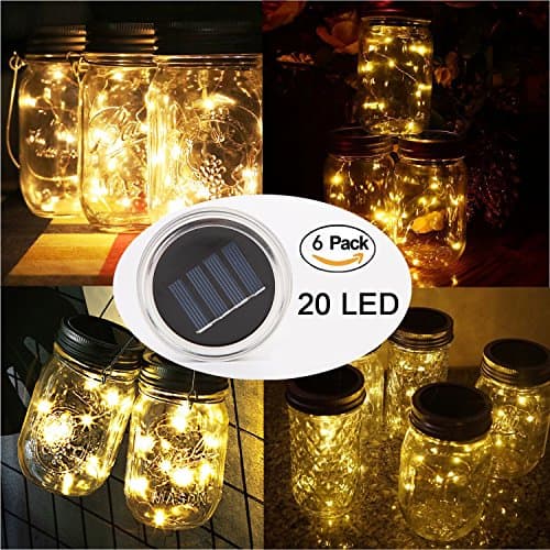 6 Pack Solar Jar Lids for Mason Jars with 20 LED Fairy String Lights(Jars & Handles Not Included), Fit for Patio, Yard, Garden, Party, Wedding, Christmas Decor (6, Warm White-20LED)
