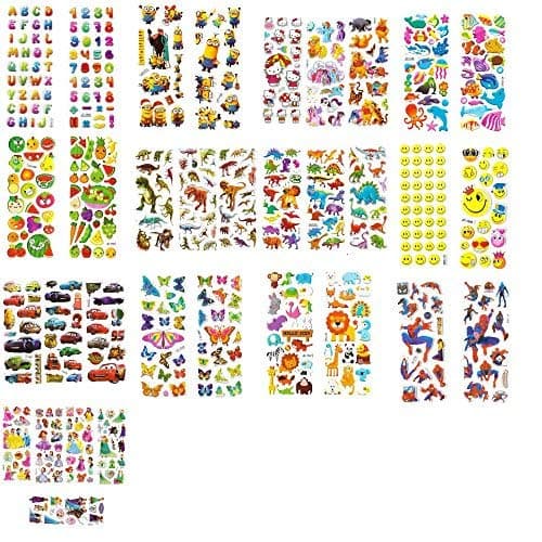 New Celebration 40 Sheets Assorted Mix Cute 3D Puffy Kids Stickers Craft Scrapbook Self Adhesive Reusable Cars Butterfly Jungle Animals Dinosaur Princess Spider-man Emoji Smiley Butterfly Animals