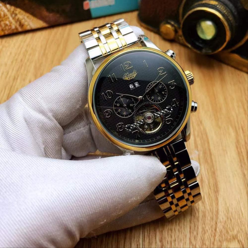 Mechanical Watches For Men Automatic Man Clock Skeletons Tourbillon Week Calendar Month Stainless Steel Strap