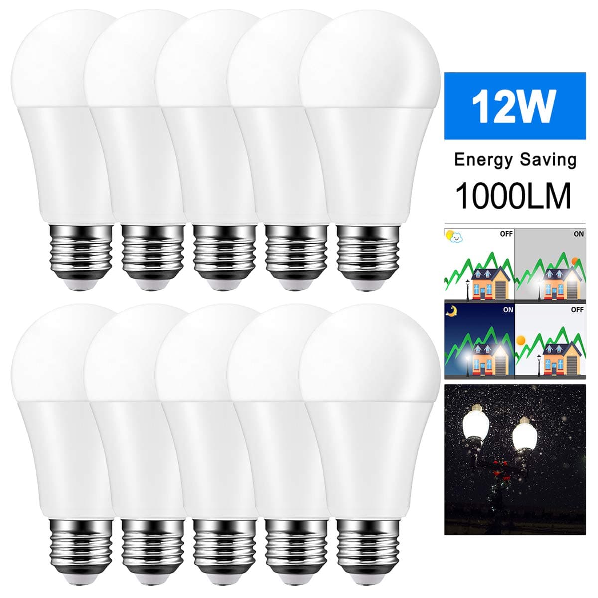 Dusk to Dawn Smart LED Bulb, DDSKY 10-Pack 12W 8LED Sensor Light E27 Auto On/Off LED Security Bulb Indoor Outdoor Lighting Lamp for Garden Garage Porch Yard, Cool White