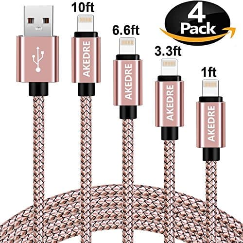 Lightning Cable, AKEDRE iPhone Charger 4PACK 1FT/3FT/6FT/10FT Nylon Braided 8 pin Charging Cables USB Charger Cord, Compatible for iPhone X / 8 / 8 Plus / 7 / 7 Plus / 6 / 6 Plus