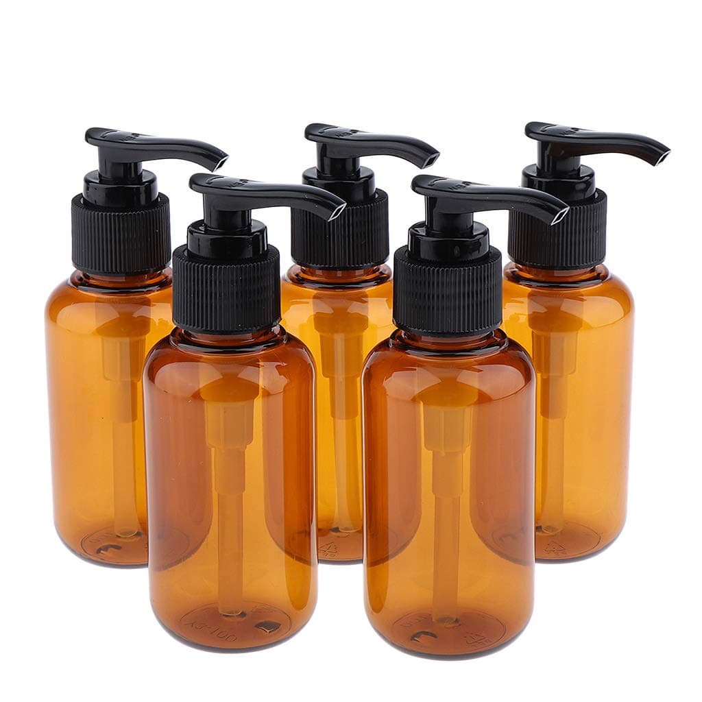 LEIPUPA 5 Pack Refillable Amber PET Plastic Pump Bottles with Patented Screw On Funnel-Great for Dispensing Lotions, Shampoos - 100ml