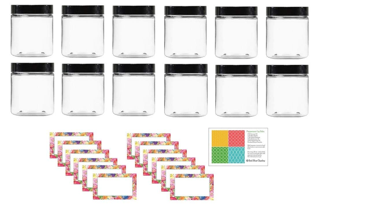 Clear 8 oz Plastic Jars with Black Lids | PET Round Refillable Containers (12 pk + Floral Labels)