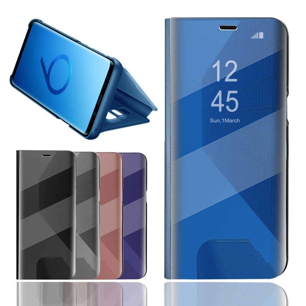 Samsung Galaxy S9 Plus Case Flip Kickstand Mirror Case Luxury Electroplate Plating Smart Clear View Cover with Transparent TPU s9 Plus Case cover (Blue)