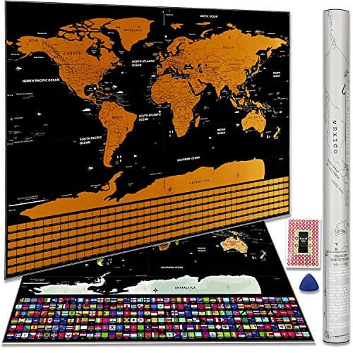 Scratch Off World Map Deluxe Travelers Wall Poster with US States and Country Flags, Track Your Adventures. Includes Scratch tool and Memory Stickers, Perfect Gift. 32.5 x 23.4 inches. (Black)