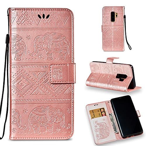Galaxy S9 Plus Wallet Case, ESSTORE Retro Elephant PU Leather Protective Covers with Card Slot Holder Wallet Case for Samsung Galaxy S9 Plus, Rose Gold