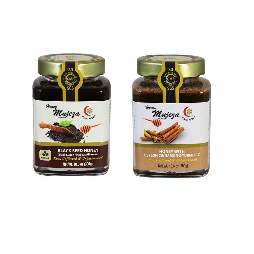 1 jar Cinnamon & Turmeric + 1 jar Black Seed Honey (300g/10.6oz) Unheated - Raw - Unfiltered - Non GMO- Gluten Free and Unpasteurized Glass Jar (Bottle Container)