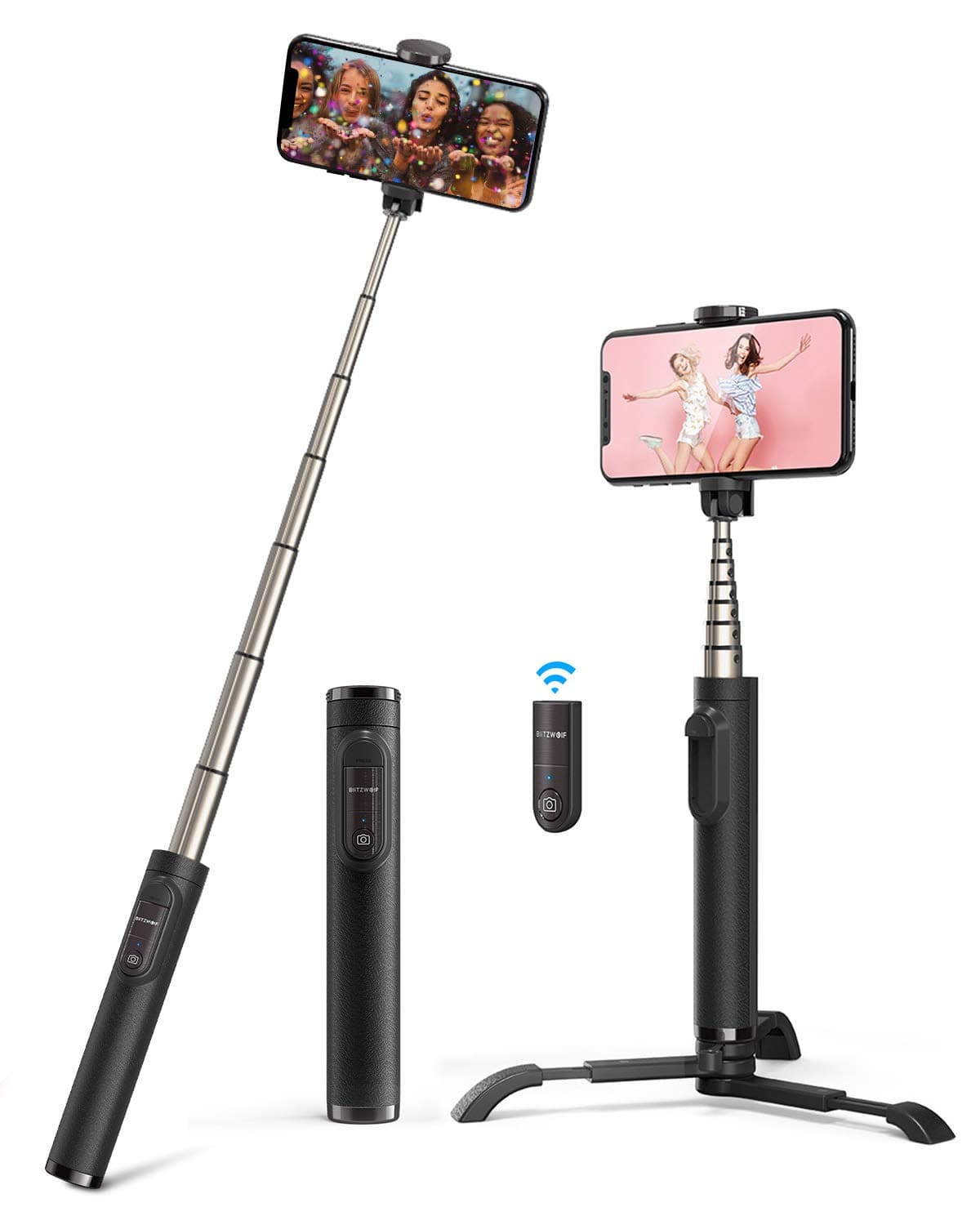 BlitzWolf Selfie Stick, Lightweight Extendable Bluetooth Selfie Stick with Detachable Wireless Remote, 3 in 1 Multifuctional Selfie Stick and Phone Tripod for iPhone Samsung Huawei and More