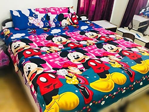 Balaji Fab Mickey Mouse Double Bedsheet With Two Pillow Covers (Blue)