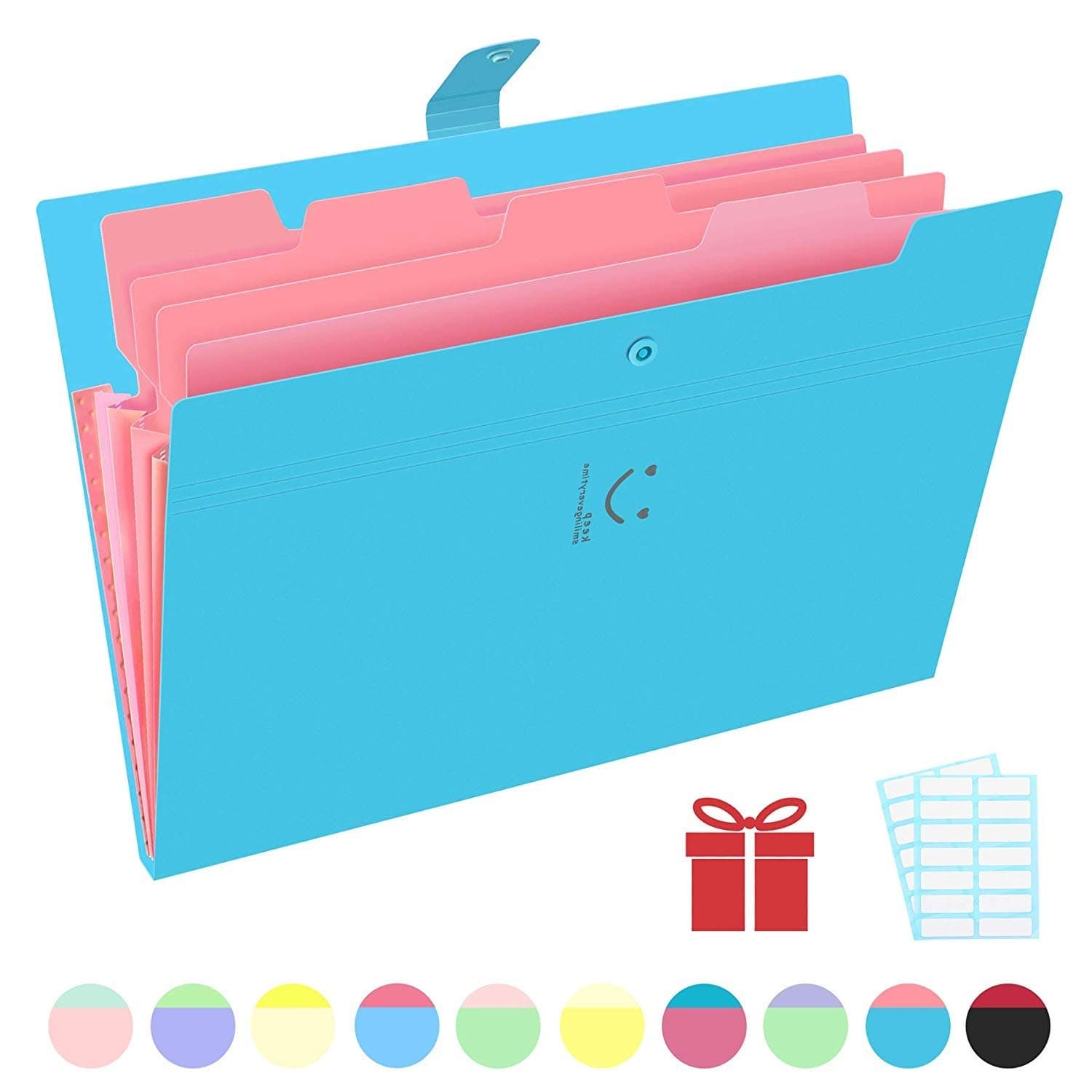 Phyxin Expanding File Folders 5 Pockets Document Organizer A4 Letter Size Plastic File Folder with Labels Document Holder for Business School Supplies Lake Blue