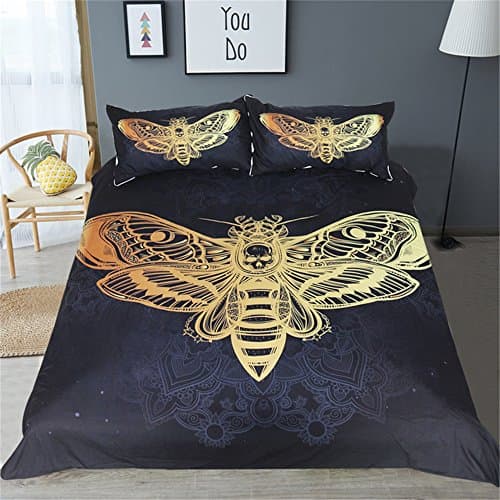 Duvet Cover Queen Bedding Set Navy Background,Bling Moth Bronzing Print Reversible Duvet Cover For Teens Adult,Lightweight Microfiber,Zipper Closure,Ultra Comfy